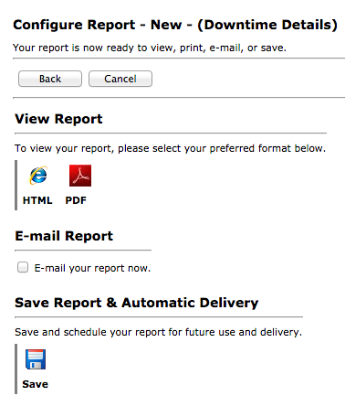 After generating a report, options to display in browser, download as PDF, share via email, or save the report are provided.