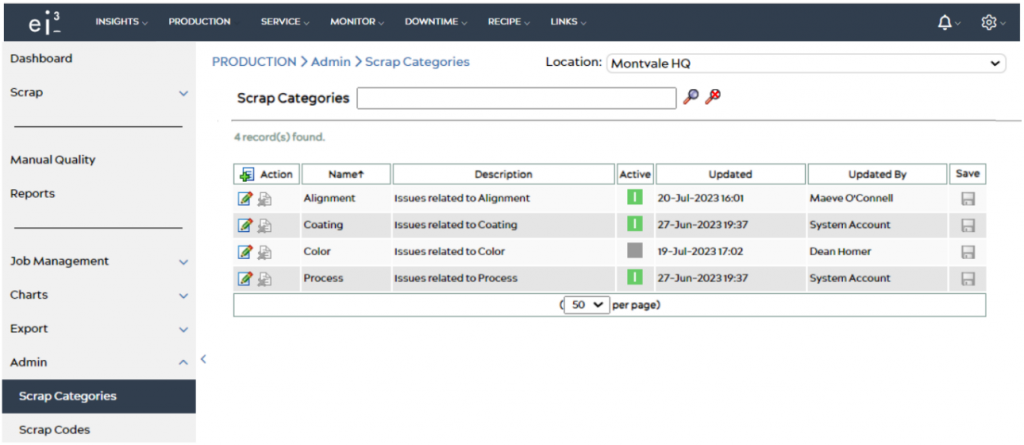 Codes & Categories – Scrap Tracking – ei3 Knowledge Database