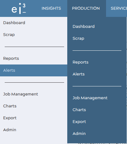 PRODUCTION menu with the Alerts item highlighted